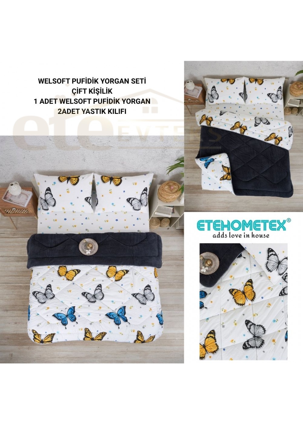 ETE HOMETEX ÇİFT KİŞİLİK LÜX WELSOFT YORGAN SETİ 195X215CM KELEBEK ANTRASİT 8696474231941